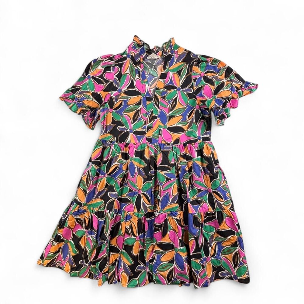 Entro Womenâs Small Multicolor Floral Tiered Ruffle Mini Dress Short Sleeve